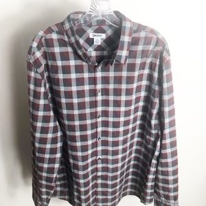 DKNY Mens Plaid Burgundy Grey Shirt XXL